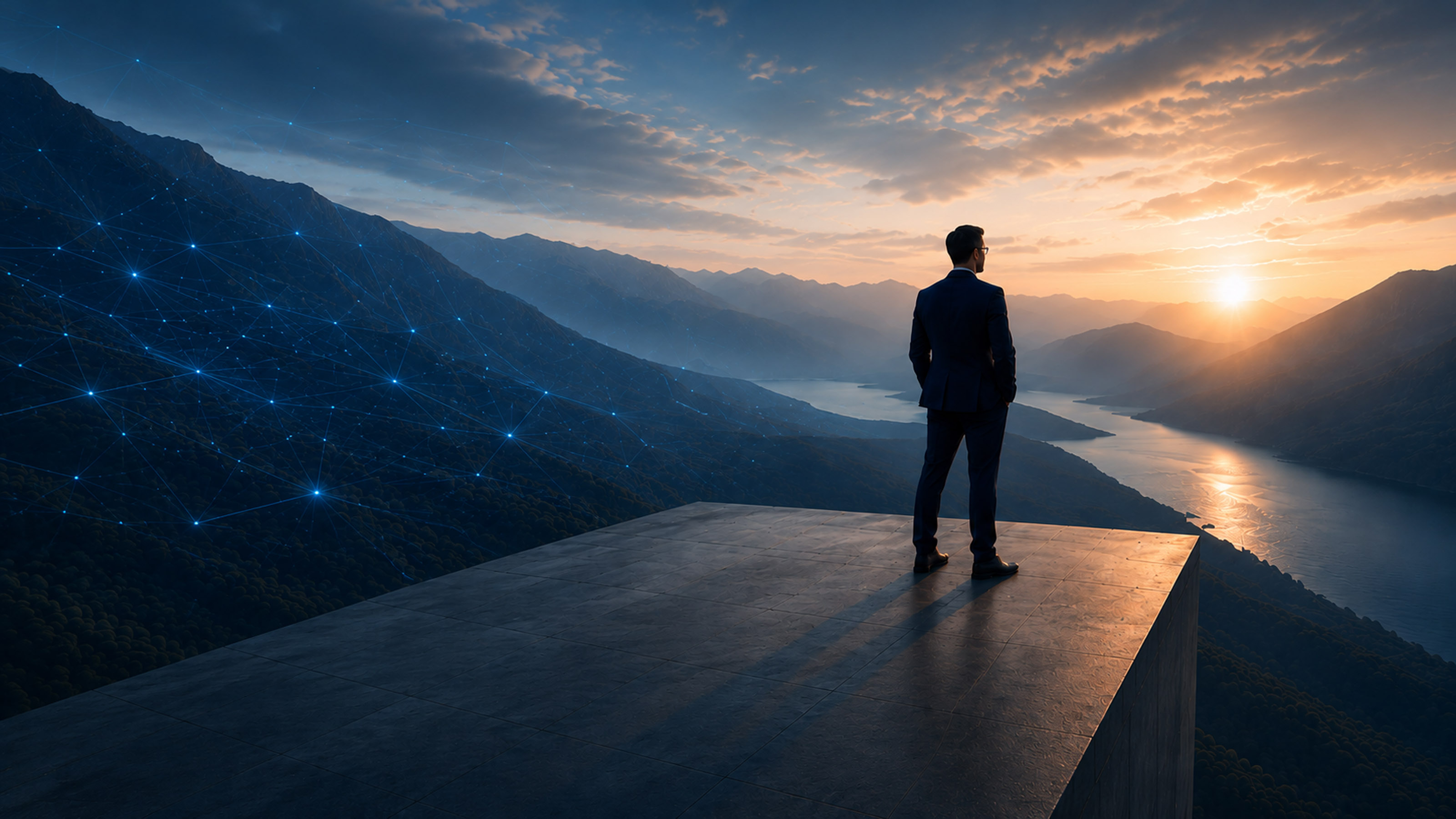 Strategy consultant overlooking river and sunrise