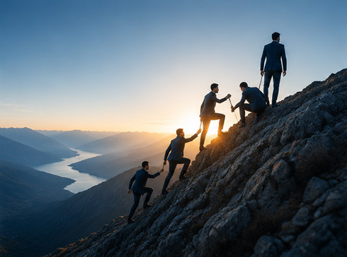 Team climbing mountain